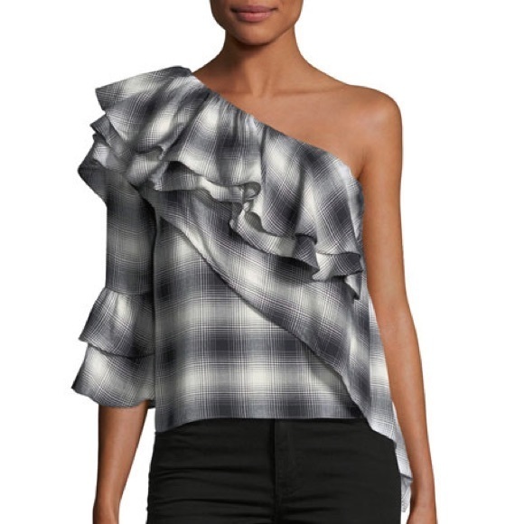 Alice + Olivia Black White Plaid One Shoulder Ruffle Top Size Med - Picture 3 of 16